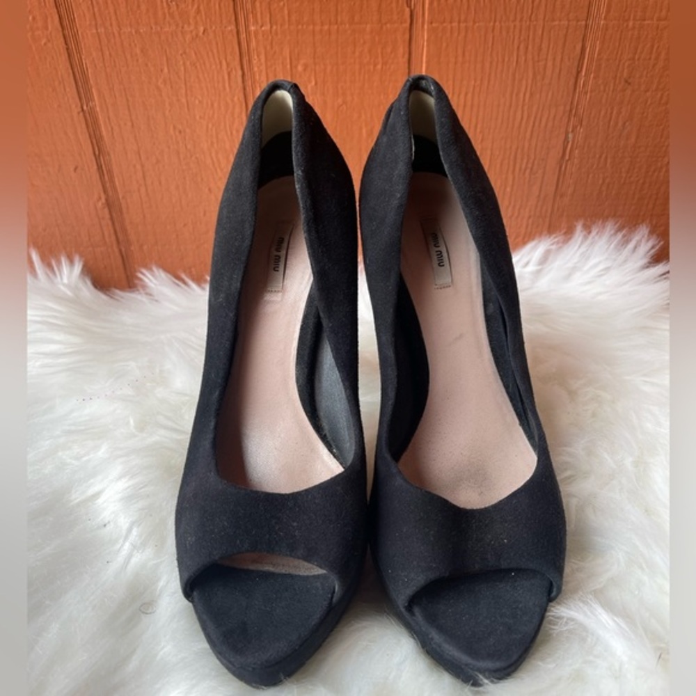 Miu Miu Black Suede Open Toe Platform Heels | Siz… - image 2